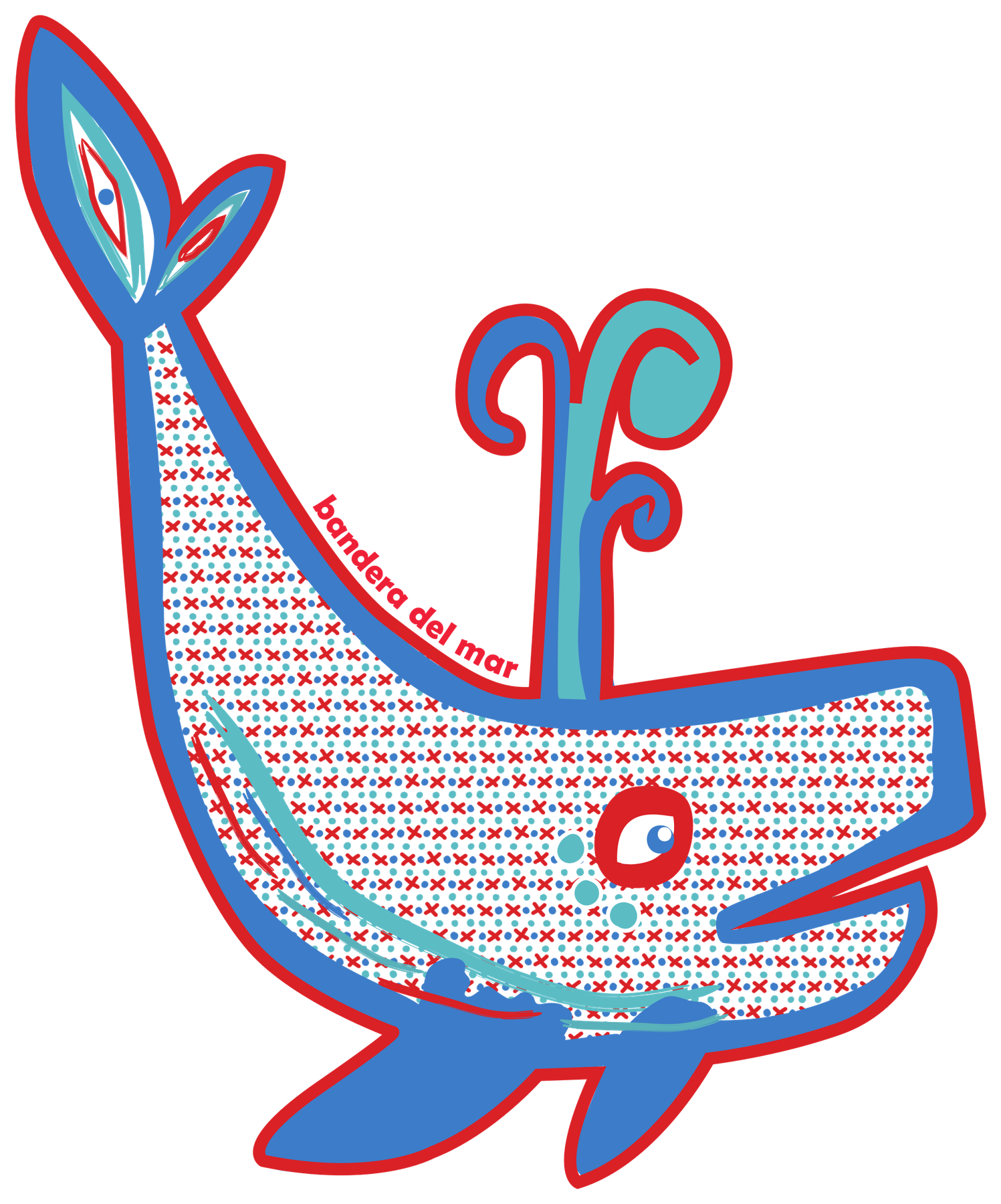La ballena: diseño en azul, rojo y turquesa, con el cuerpo tramado de cruces y puntos y un chorro de agua en espiral