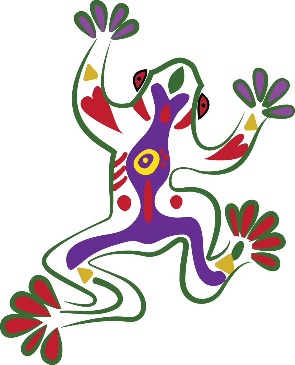 La rana: diseño en morado, verde y rojo con flores en las patas
